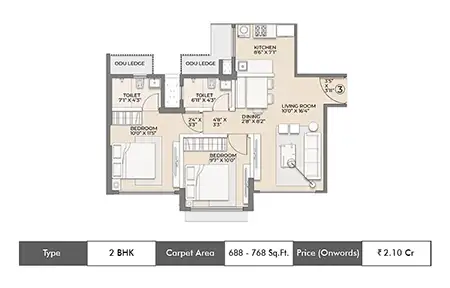 Arkade Vistas 2 BHK floor plan, 688 sq ft carpet area